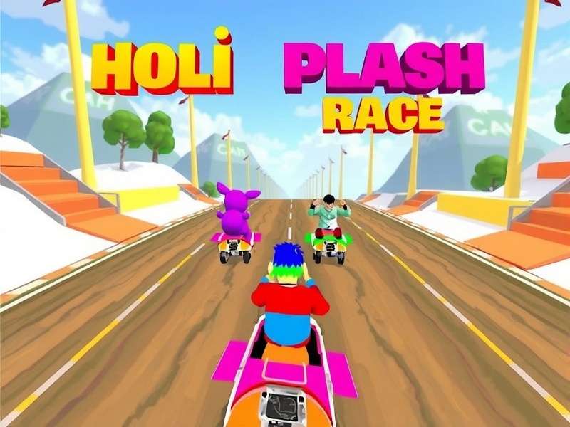 Holi Splash Race game screenshot showing colorful characters racing